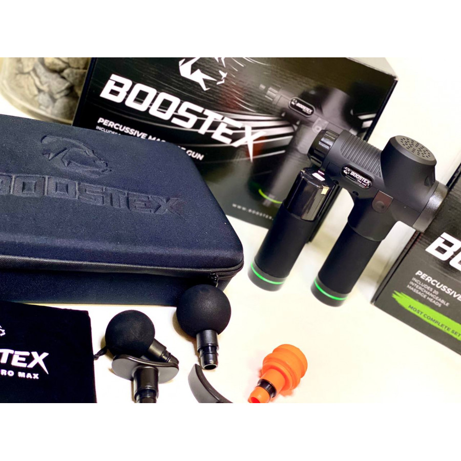 Ударний перкусійний масажер Boostex PRO MАХ-30 режимів +20 насадок +запасна батарея 2500am/h +кейс (Чорний)