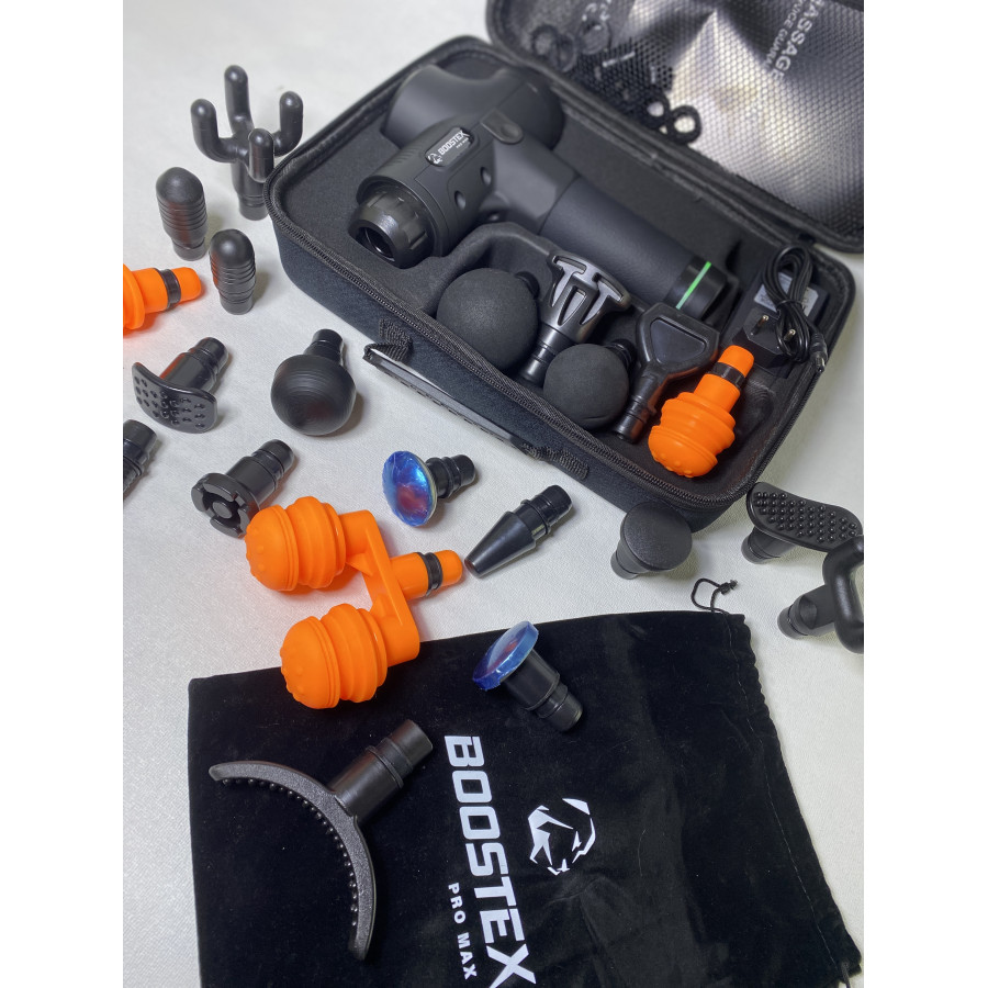 Ударний масажер Boostex (massage gun) з 30 режимами, 21 насадкою та акумулятором.