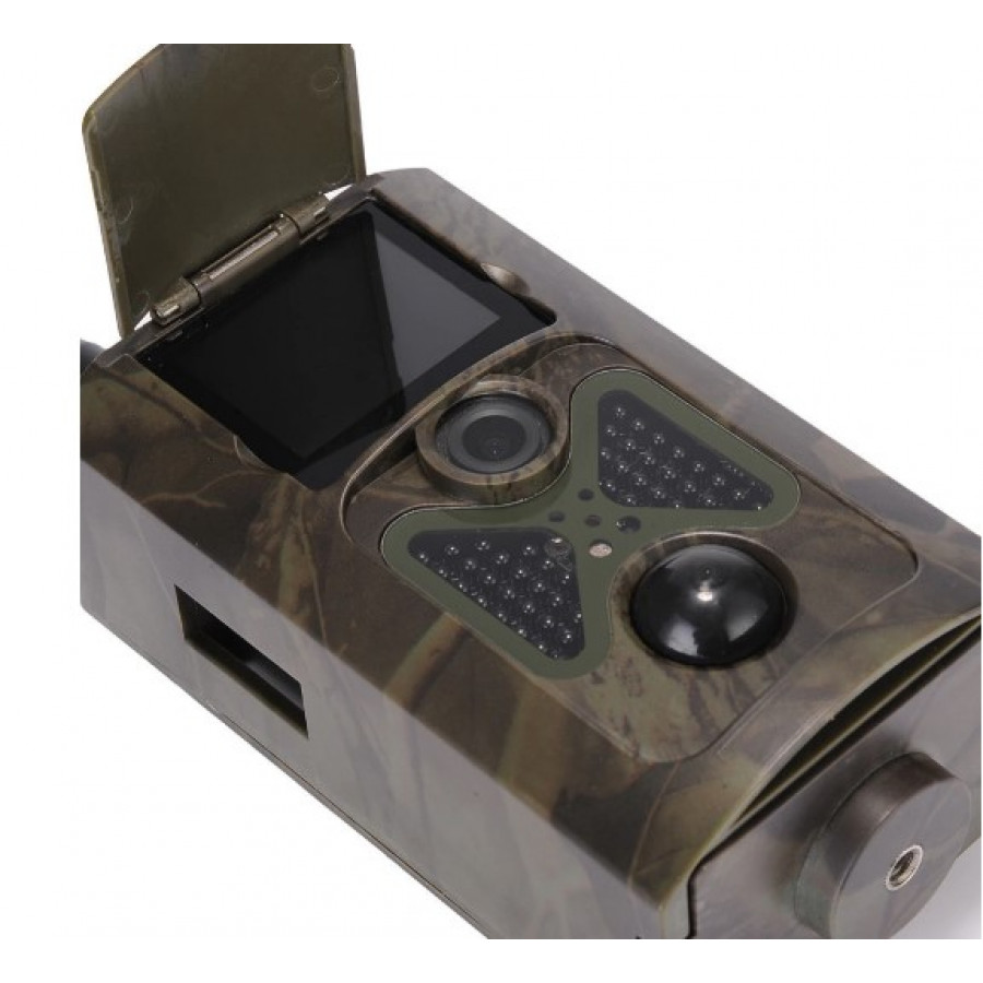 Фотопристрій Suntek HC 550A з датчиком руху та нічною зйомкою, дальність 25 м, кут огляду 120°, захист від вологи IP54.