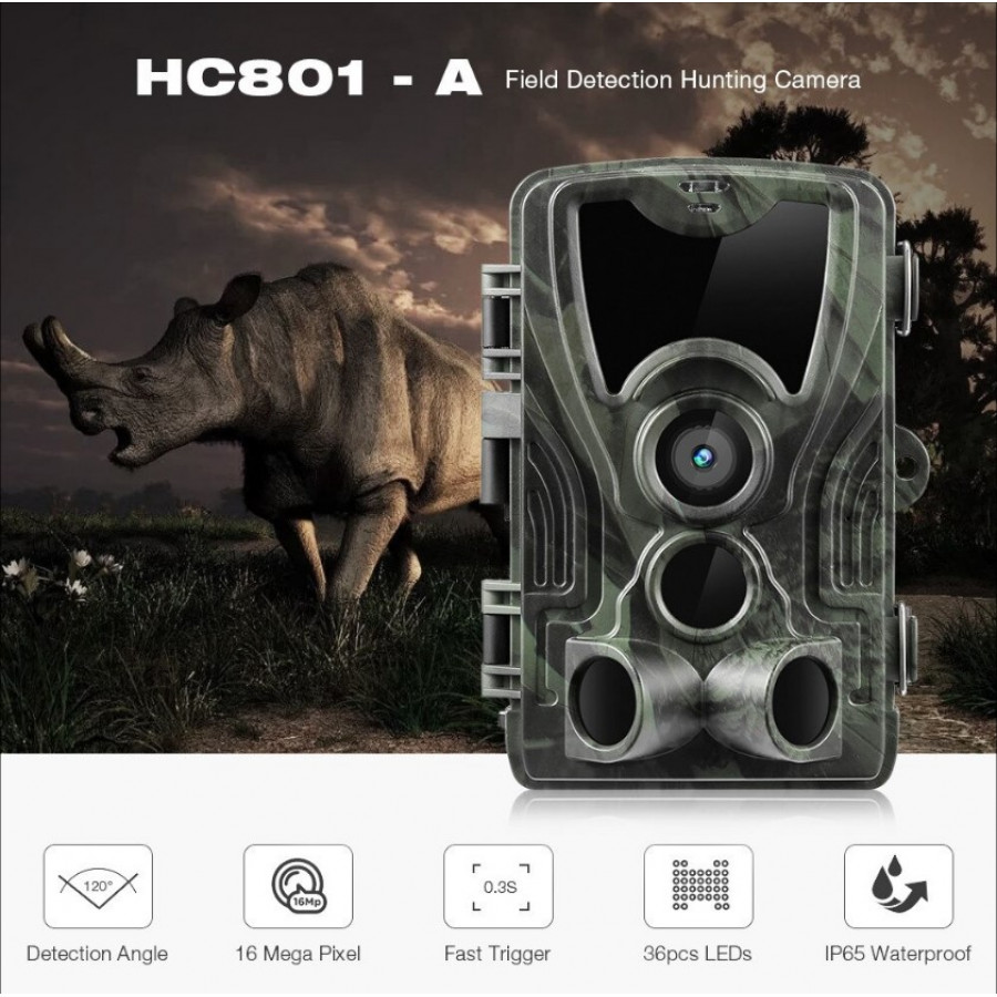 Фотоловушка Suntek HC 801A з дальністю 25 м, кутом огляду 120°, датчиком руху та нічною зйомкою, захистом від вологи та пилу IP65.