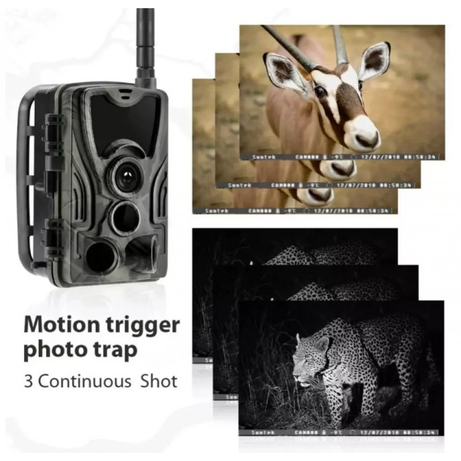 Фотоловушка Suntek HC 801A з дальністю 25 м, кутом огляду 120°, датчиком руху та нічною зйомкою, захистом від вологи та пилу IP65.
