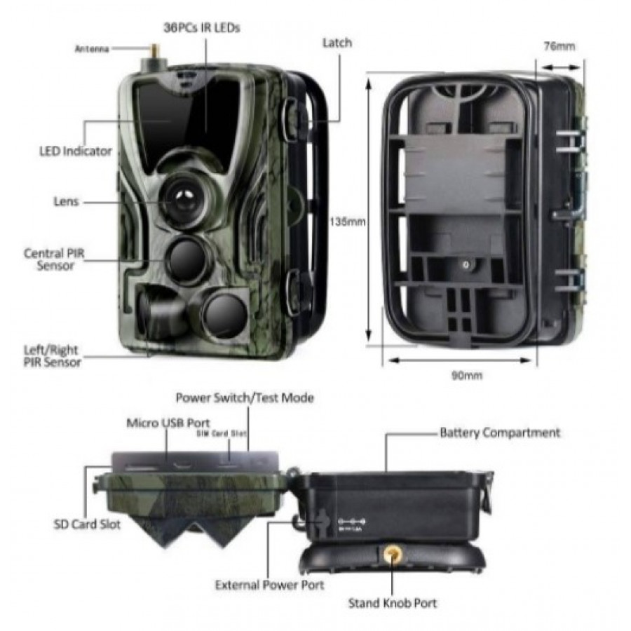 Фотоловушка Suntek HC 801A з дальністю 25 м, кутом огляду 120°, датчиком руху та нічною зйомкою, захистом від вологи та пилу IP65.