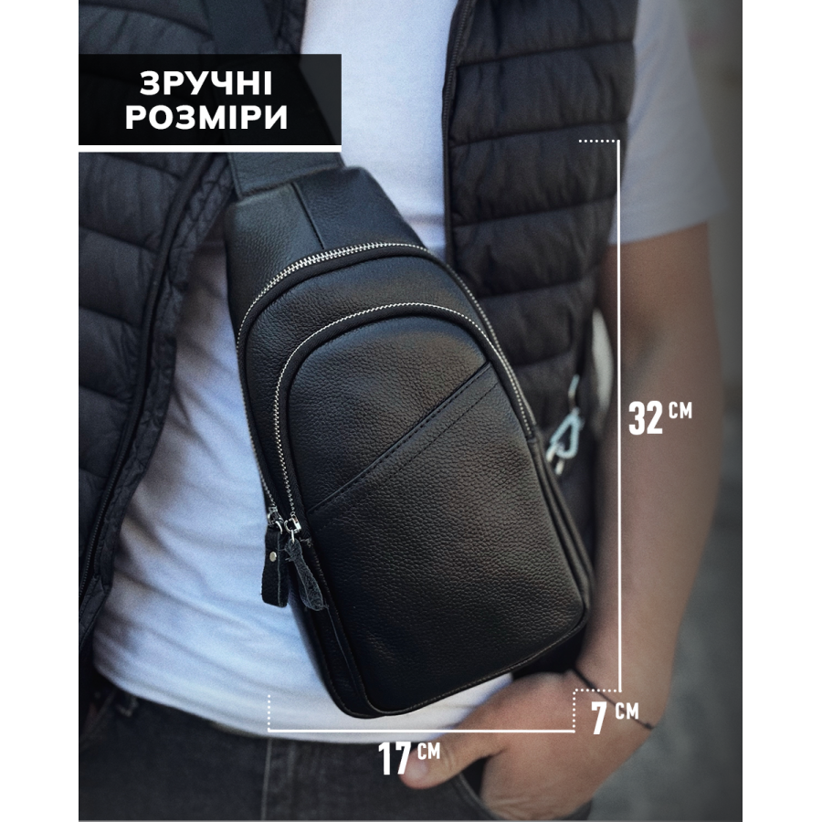 Сумка слінг чоловіча через плече 17х32х8, бананка з натуральної шкіри TIDING BAG A25F-515-1A чорна