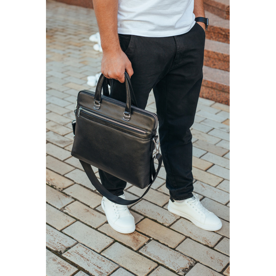 Шкіряна чоловіча ділова сумка 38x29x8, папка портфель для роботи  Tiding Bag 30987 чорна