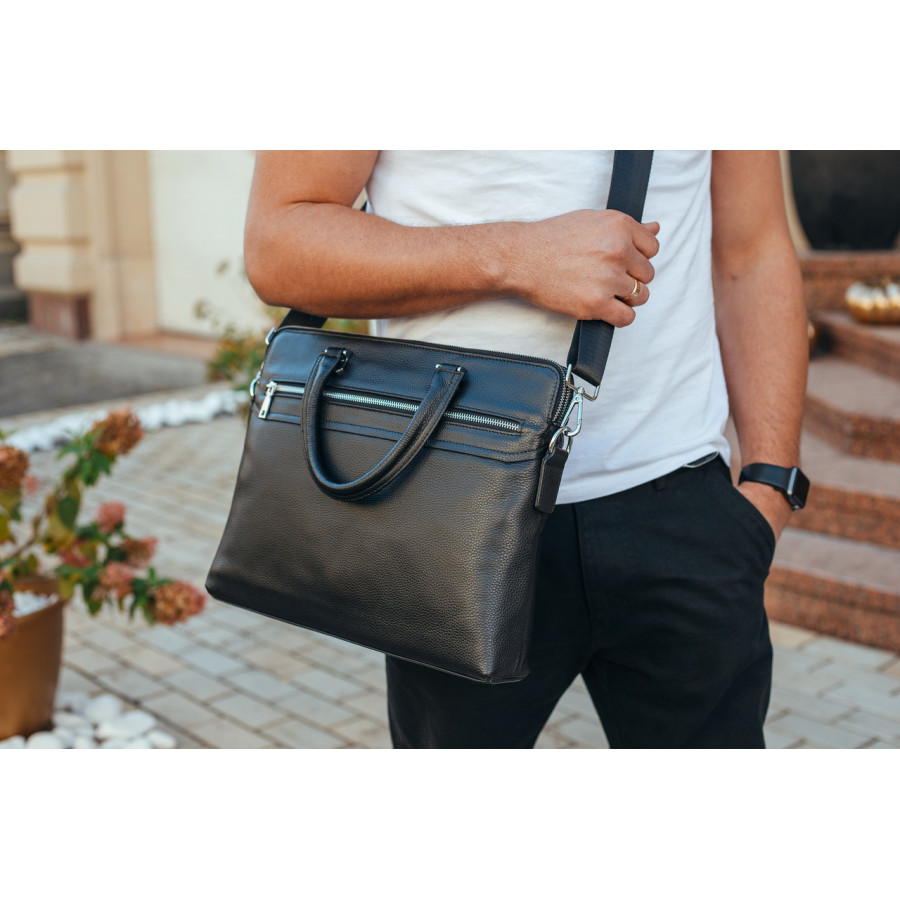 Шкіряна чоловіча ділова сумка 38x29x8, папка портфель для роботи  Tiding Bag 30987 чорна